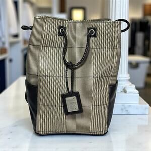 Saks Fifth Avenue Vegan Leather Backpack Tote Handbag Brown & Tan Plaid Unisex